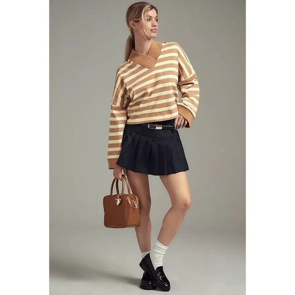 Anthropologie Maeve Women’s Yellow Tan Stripe Cotton Boxy Oversized V-Neck Top - Picture 11 of 11
